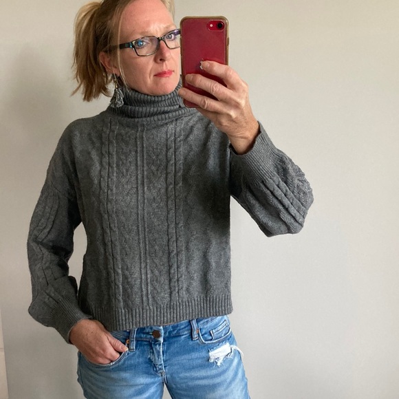 Sweaters - Grey Cable Knit Cropped Turtleneck Sweater